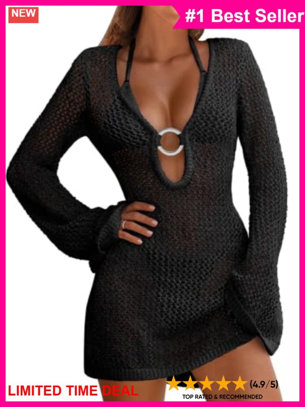 Crochet Knit Swimsuit Coverup Beach Mini Dress V-Neck Long Sleeve